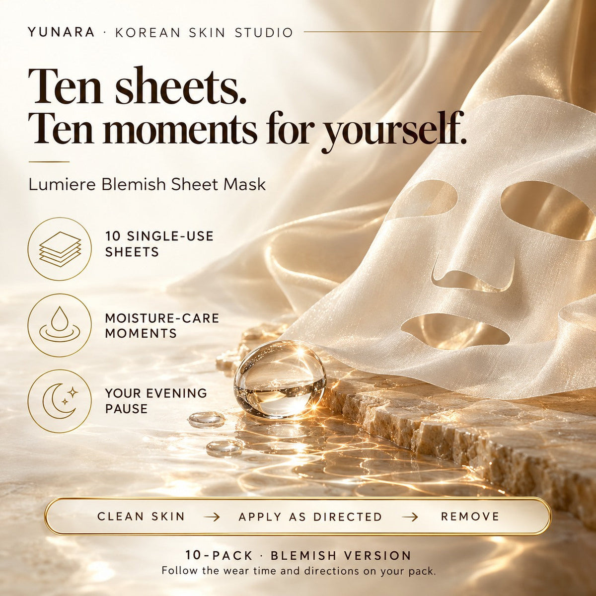 Lumiere Blemish mask guide: 10 single-use sheets, Blemish version and cleanse-apply-remove routine.