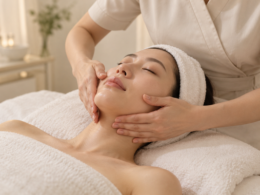 Illustrative Korean facial massage with cream towels.