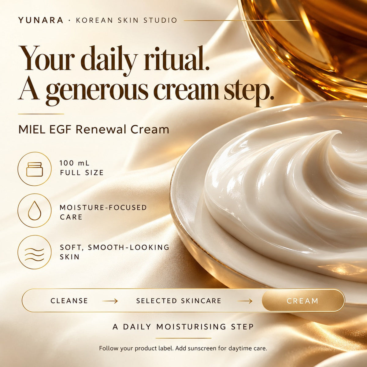MIEL EGF cream guide: 100 mL moisturising cream, EGF complex product highlight and cleanse-to-cream routine.