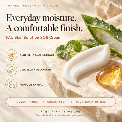 FAU SOS Cream guide: aloe moisture care, centella, allantoin, propolis and simple cream-use steps.