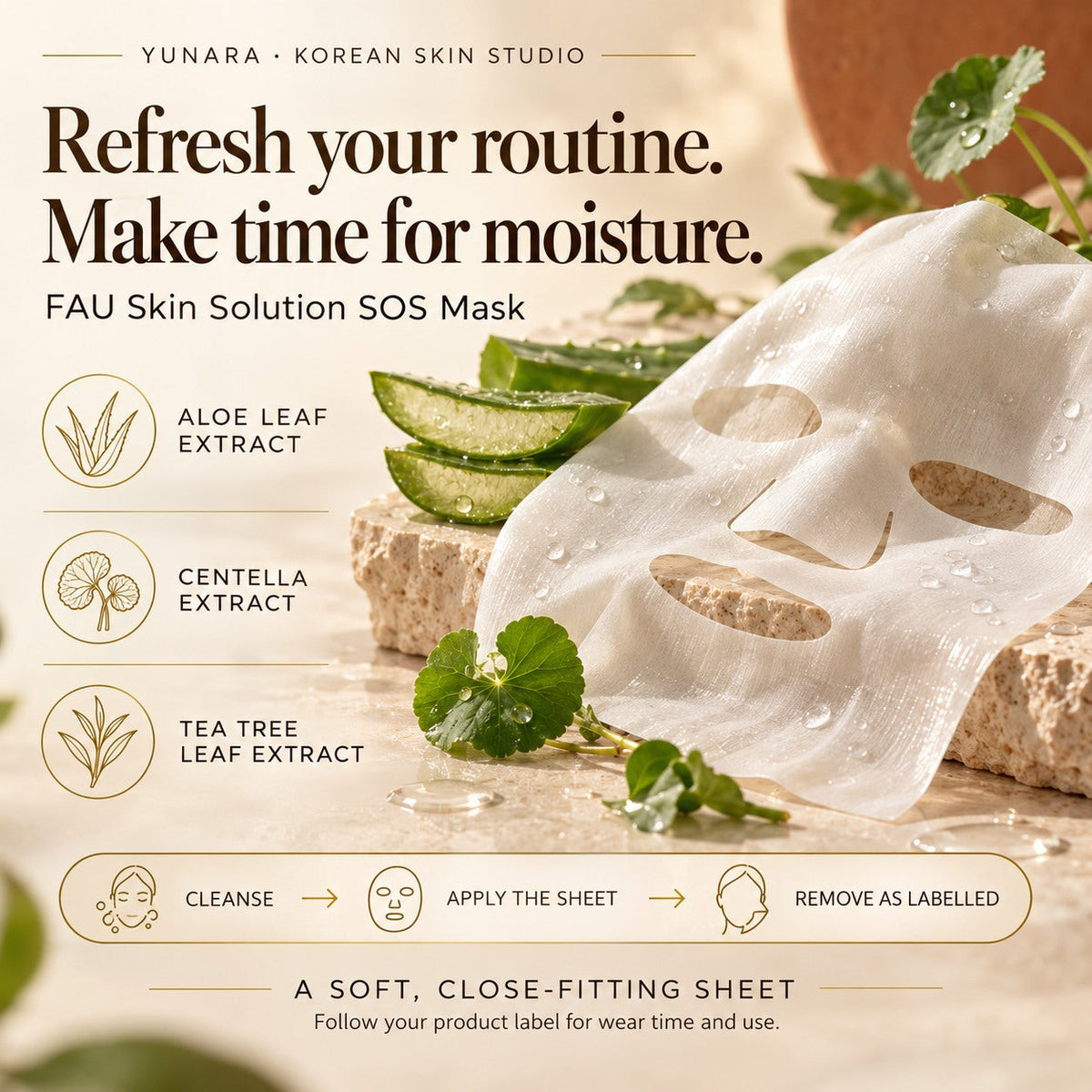 FAU SOS Mask guide: aloe, centella and tea tree leaf extracts, a cooling sheet feel and simple single-use routine.