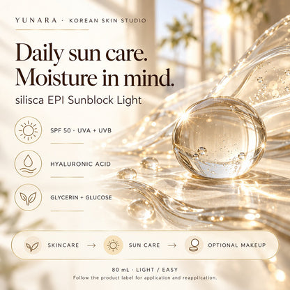 silisca EPI Sunblock Lightのガイド：SPF 50のUVA・UVB対策、保湿を重視した成分、朝のお手入れ。
