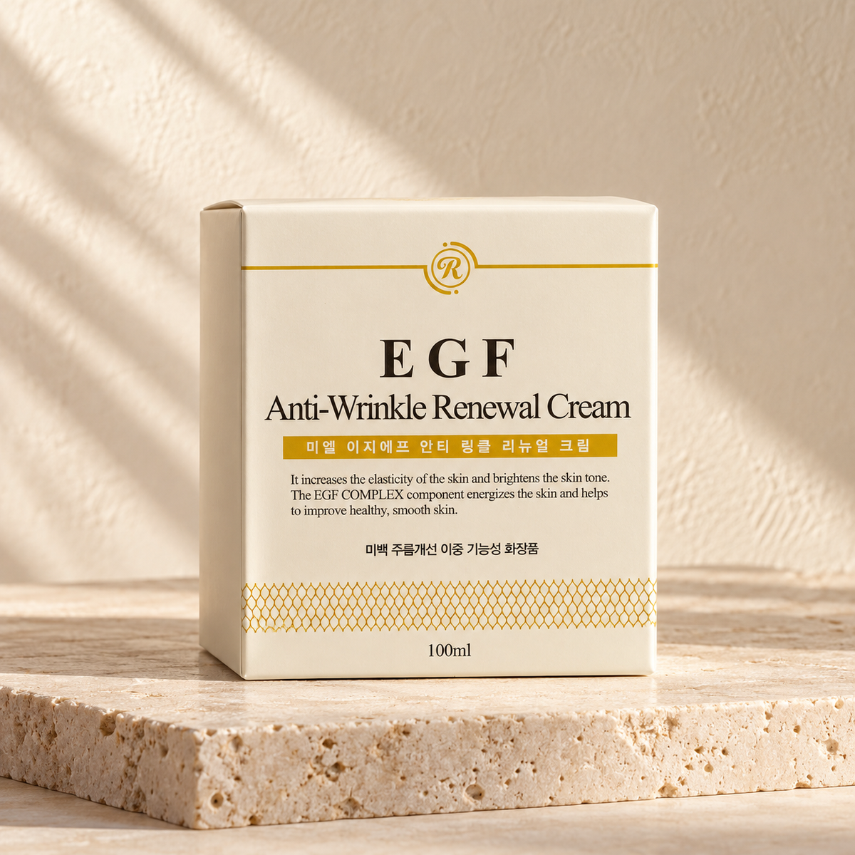 AI-styled presentation of MIEL EGF Anti-Wrinkle Renewal Cream 100 mL on a warm cream background
