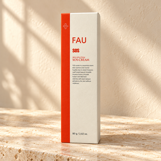 AI-styled presentation of FAU Skin Solution SOS Cream 80 g on a warm cream background