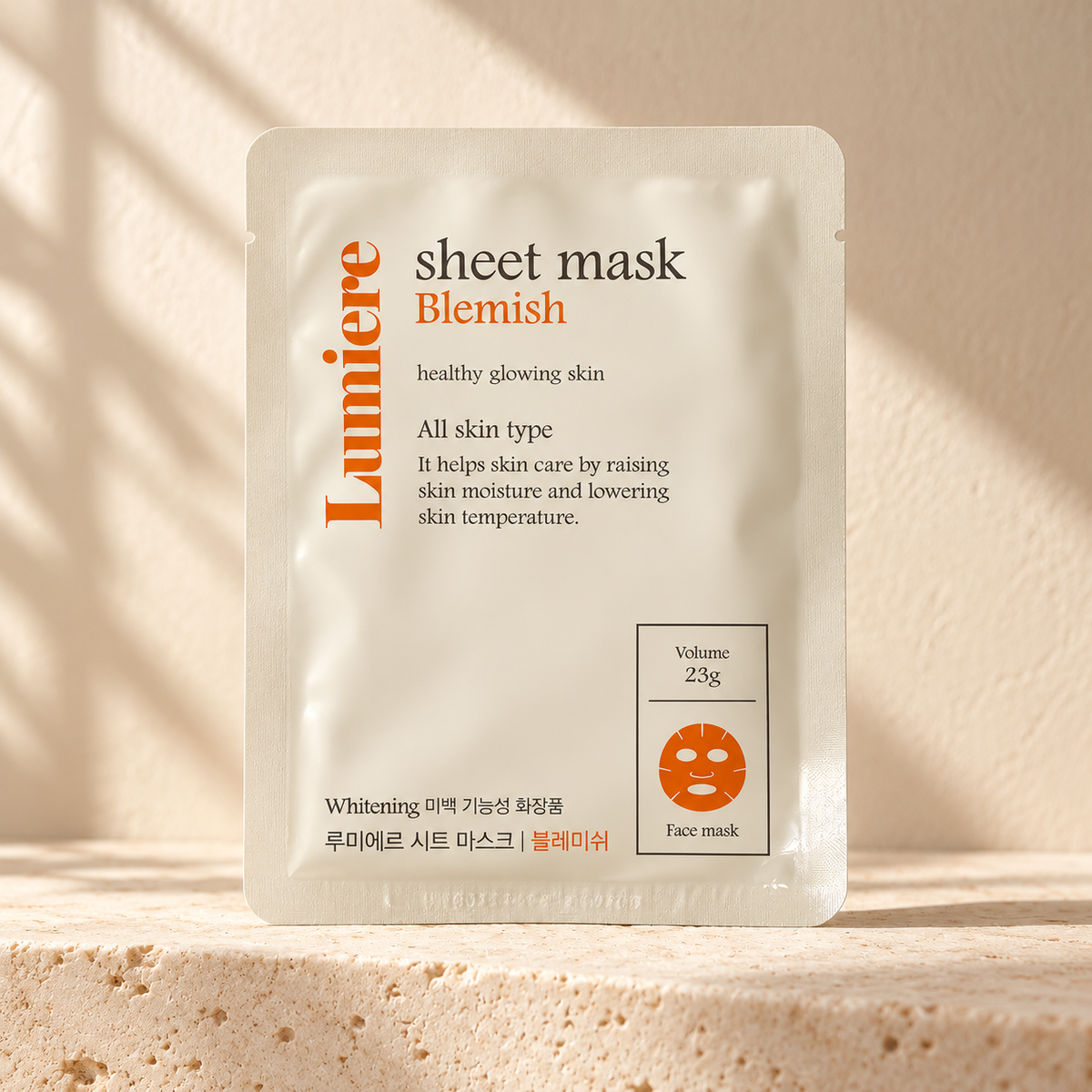 AI-styled presentation of Lumiere Blemish Sheet Mask 10-Pack on a warm cream background