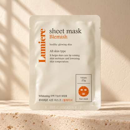 AI-styled presentation of Lumiere Blemish Sheet Mask 10-Pack on a warm cream background