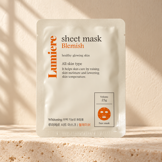 AI-styled presentation of Lumiere Blemish Sheet Mask 10-Pack on a warm cream background