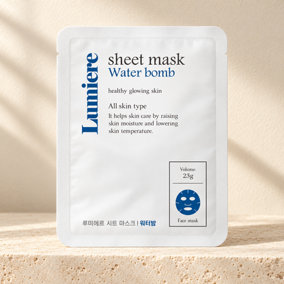 AI-styled presentation of Lumiere Water Bomb Sheet Mask 10-Pack on a warm cream background