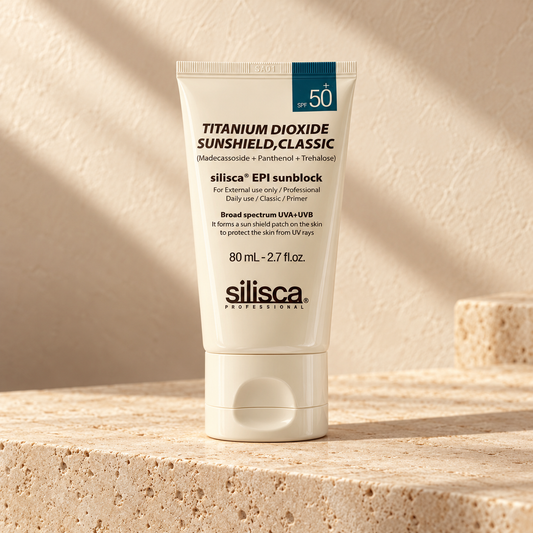 AI-styled presentation of silisca EPI Sunblock Classic 80 mL on a warm cream background