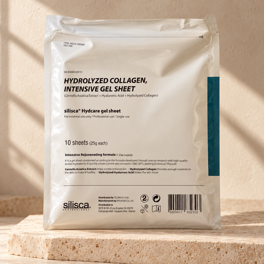 AI-styled presentation of silisca Hydcare Gel Sheet Mask on a warm cream background